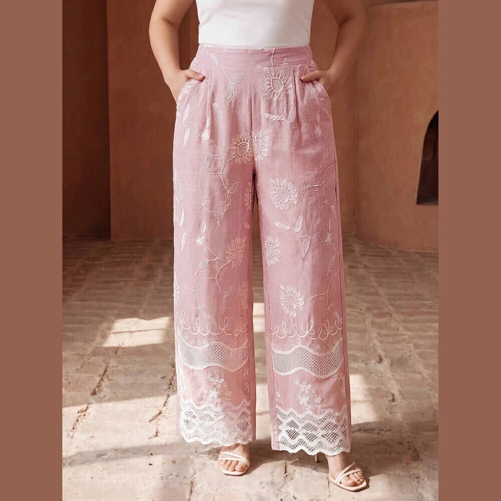 Blush Pink Floral Embroidered Lace-Hem Wide Leg Pants